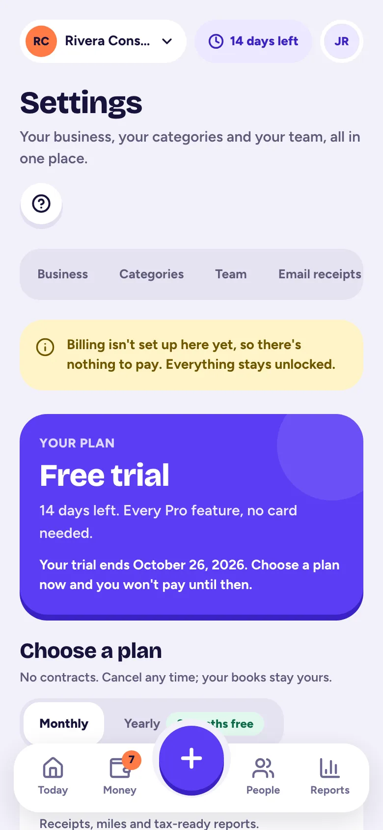 Settings, Plan & billing, with your plan and the three plans to choose from