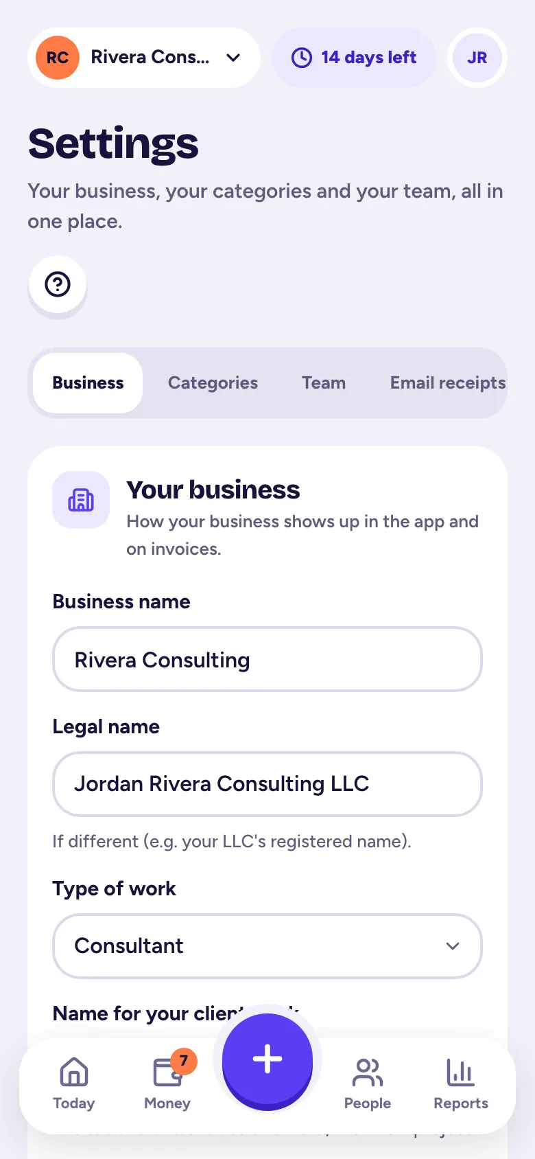 Settings, Business, with your business details