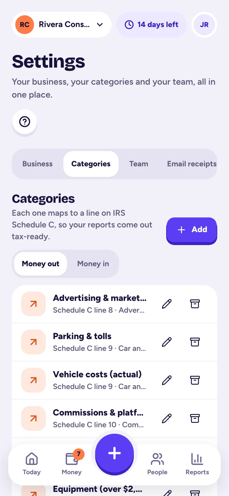 Settings, Categories, with Money out and Money in
