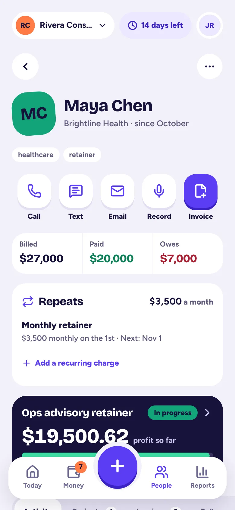 A customer page with Call, Text, Email and the Billed, Paid and Owes numbers