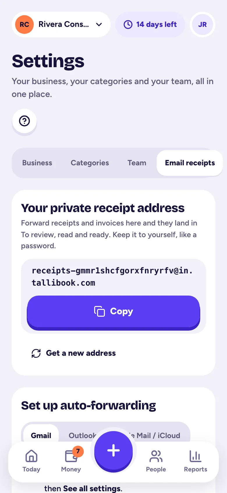 Settings, Email receipts, with your private address and forwarding guides