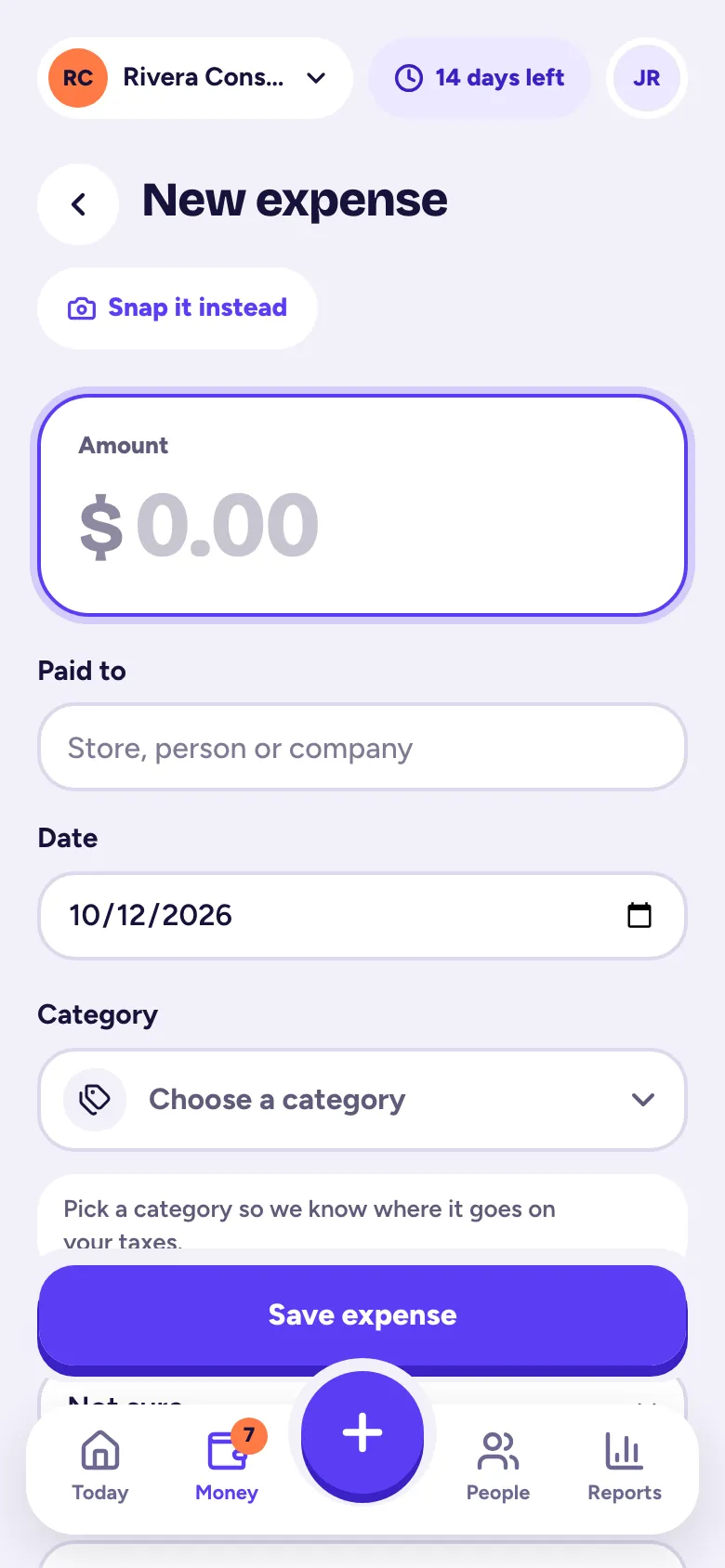 The New expense screen