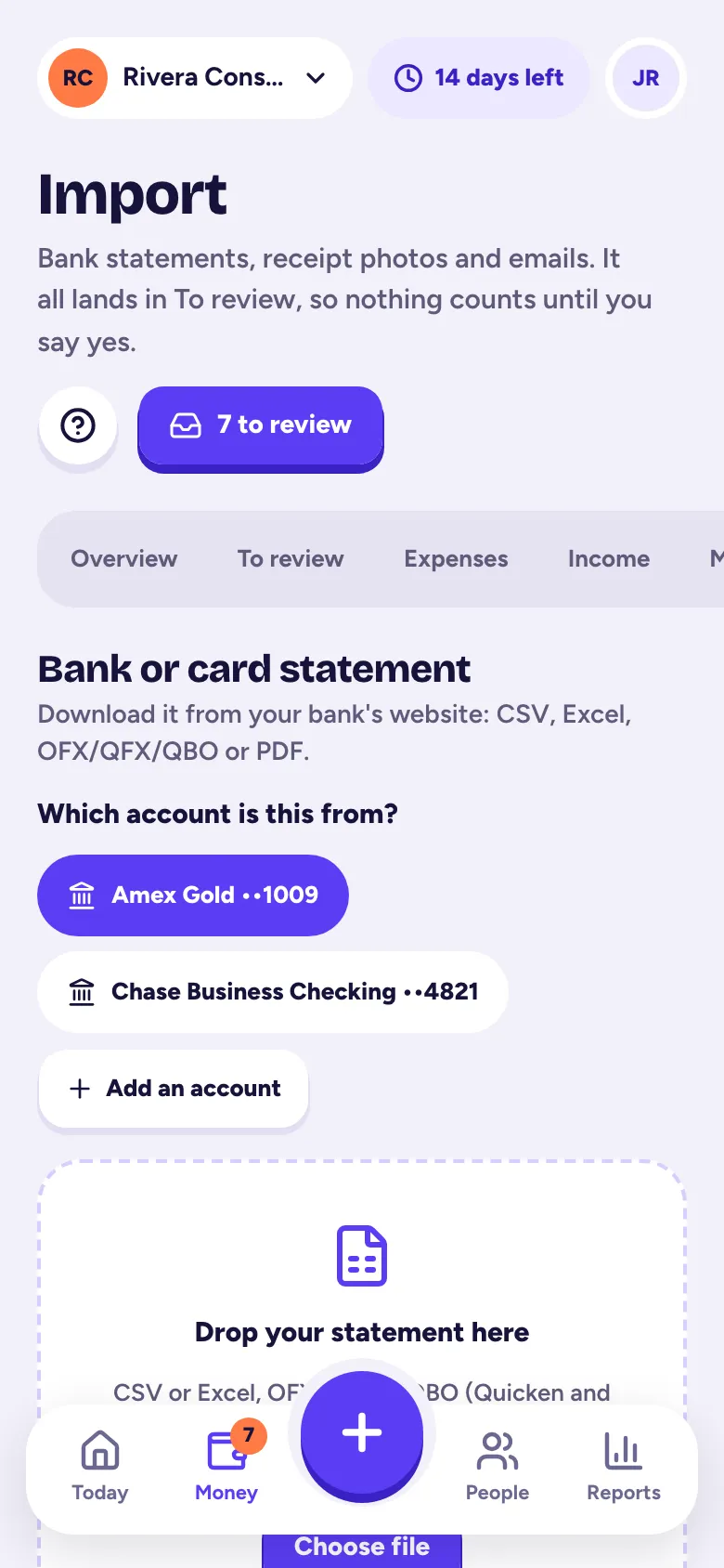 Money, Import: bank statements, receipt uploads and forwarded emails