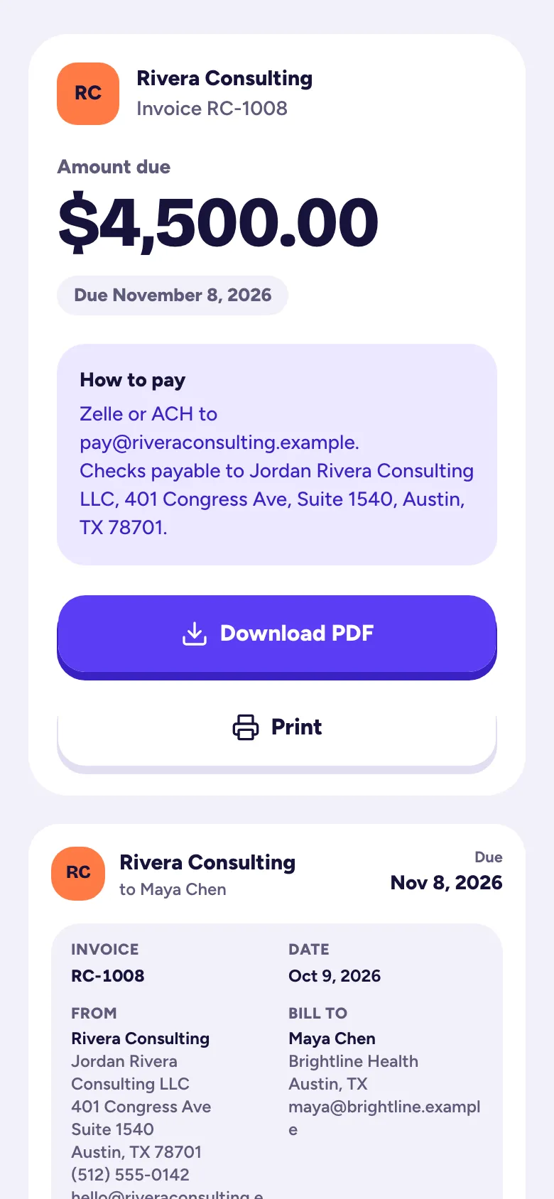 The customer's view of an invoice, with the amount due and How to pay
