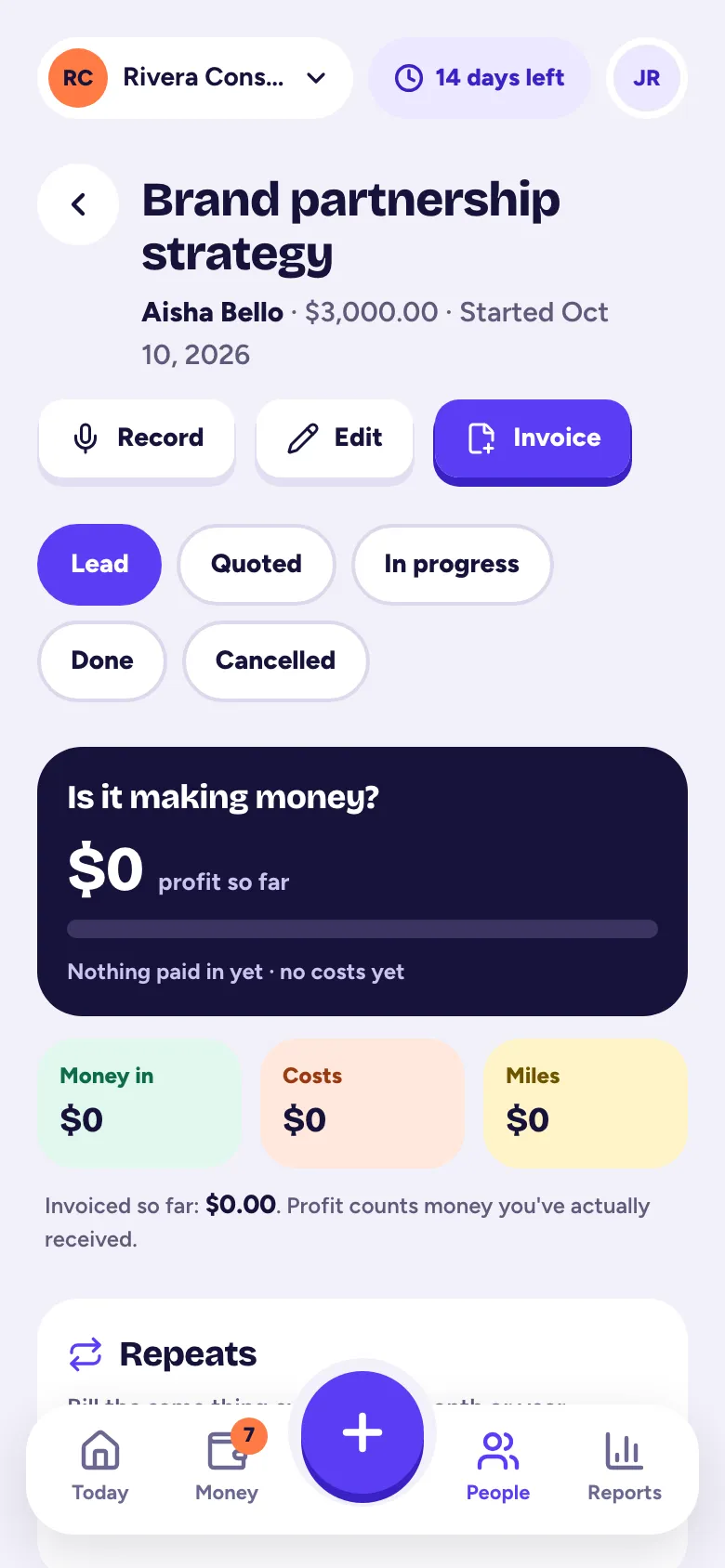 A job page with Money in, Costs and Miles
