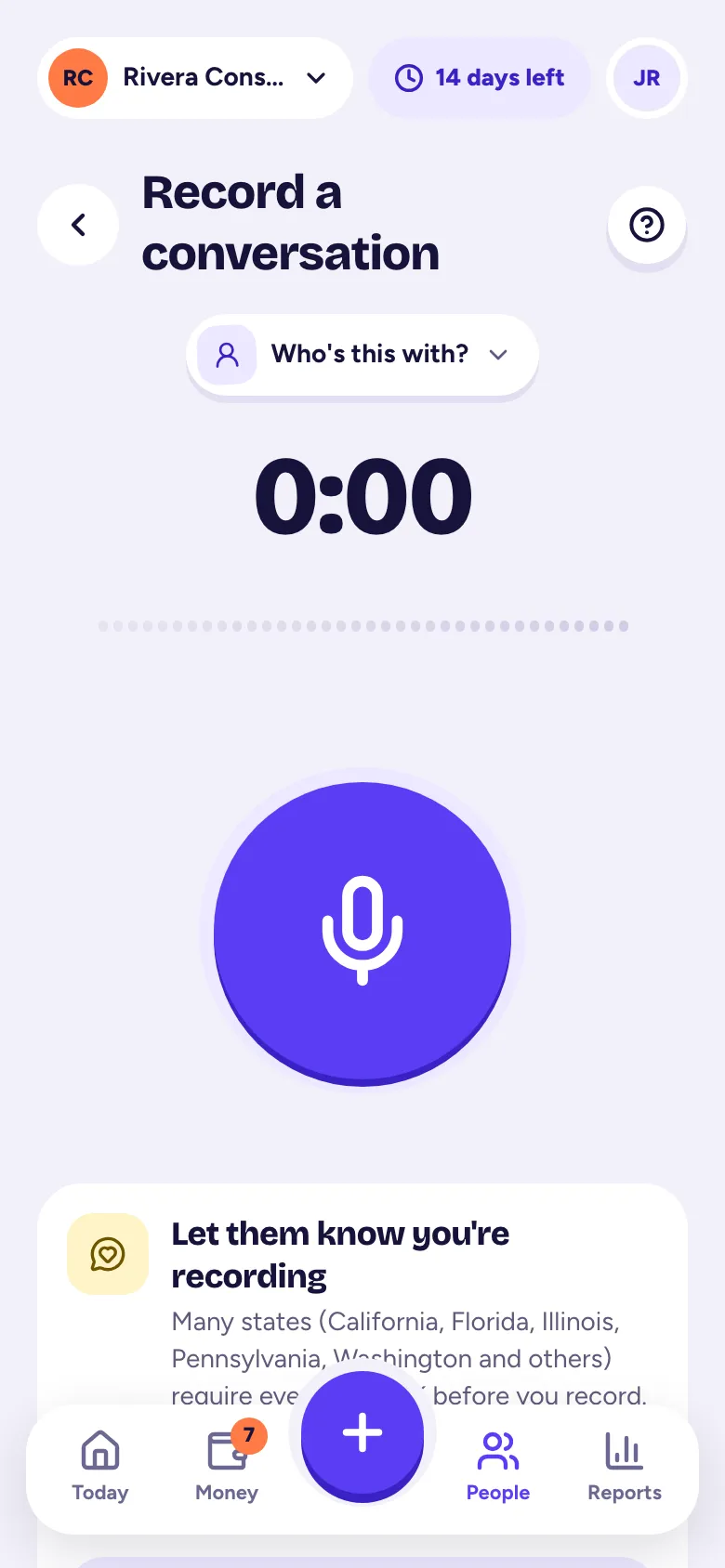 The Record screen with the consent reminder and the big microphone button