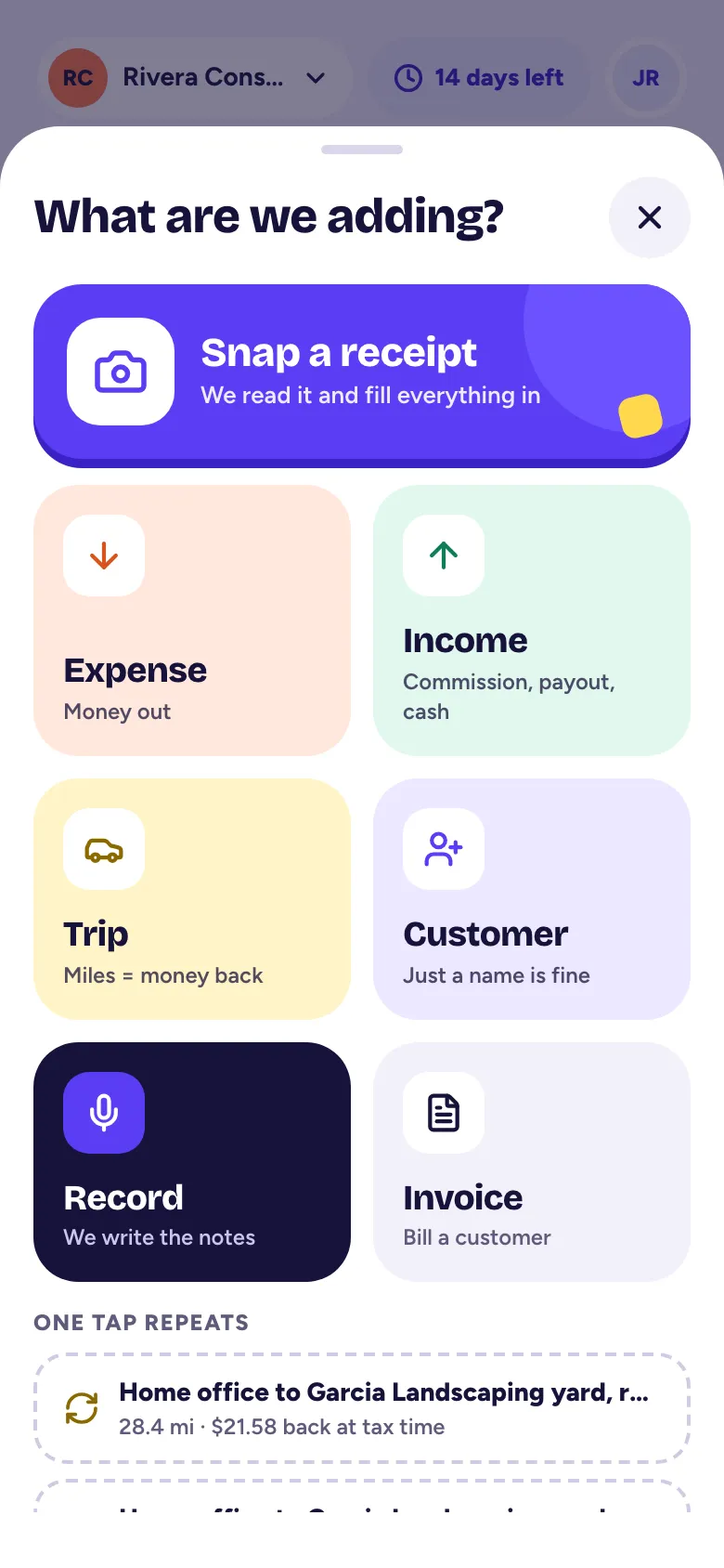 The + sheet with Snap a receipt, Expense, Income, Trip, Customer, Record and Invoice