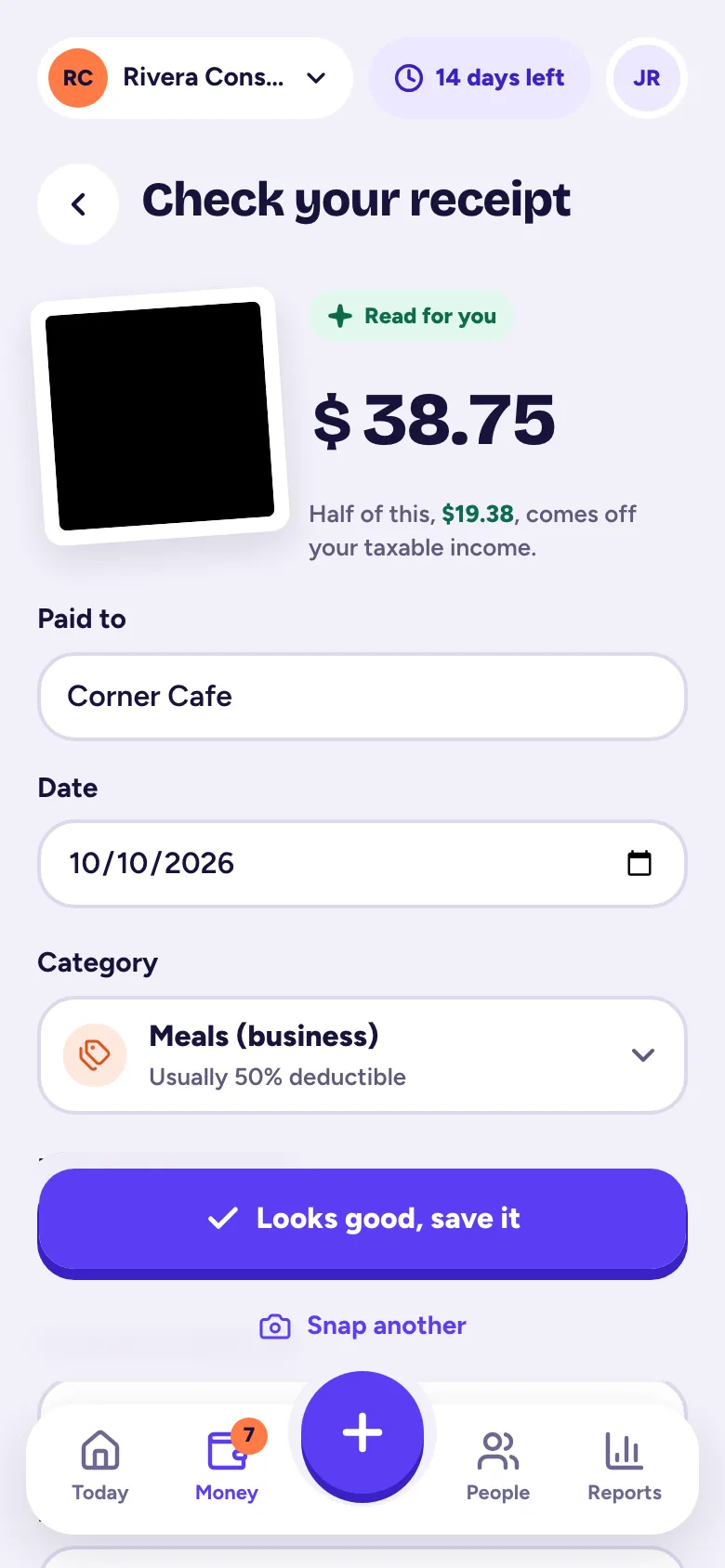 Check your receipt: the photo next to the amount, store, date and category we read