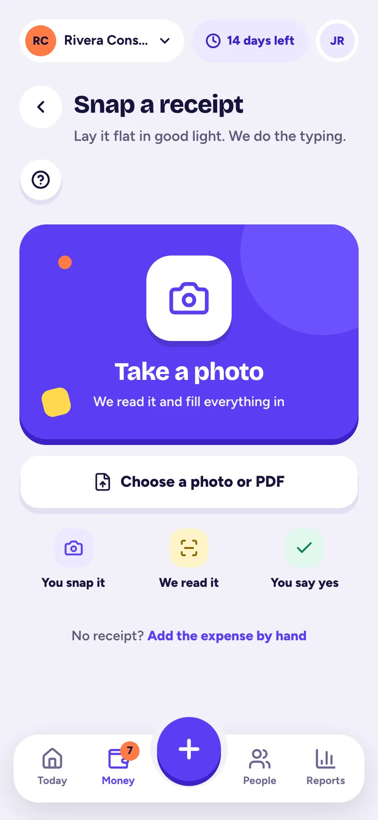 The Snap a receipt screen with the big Take a photo button