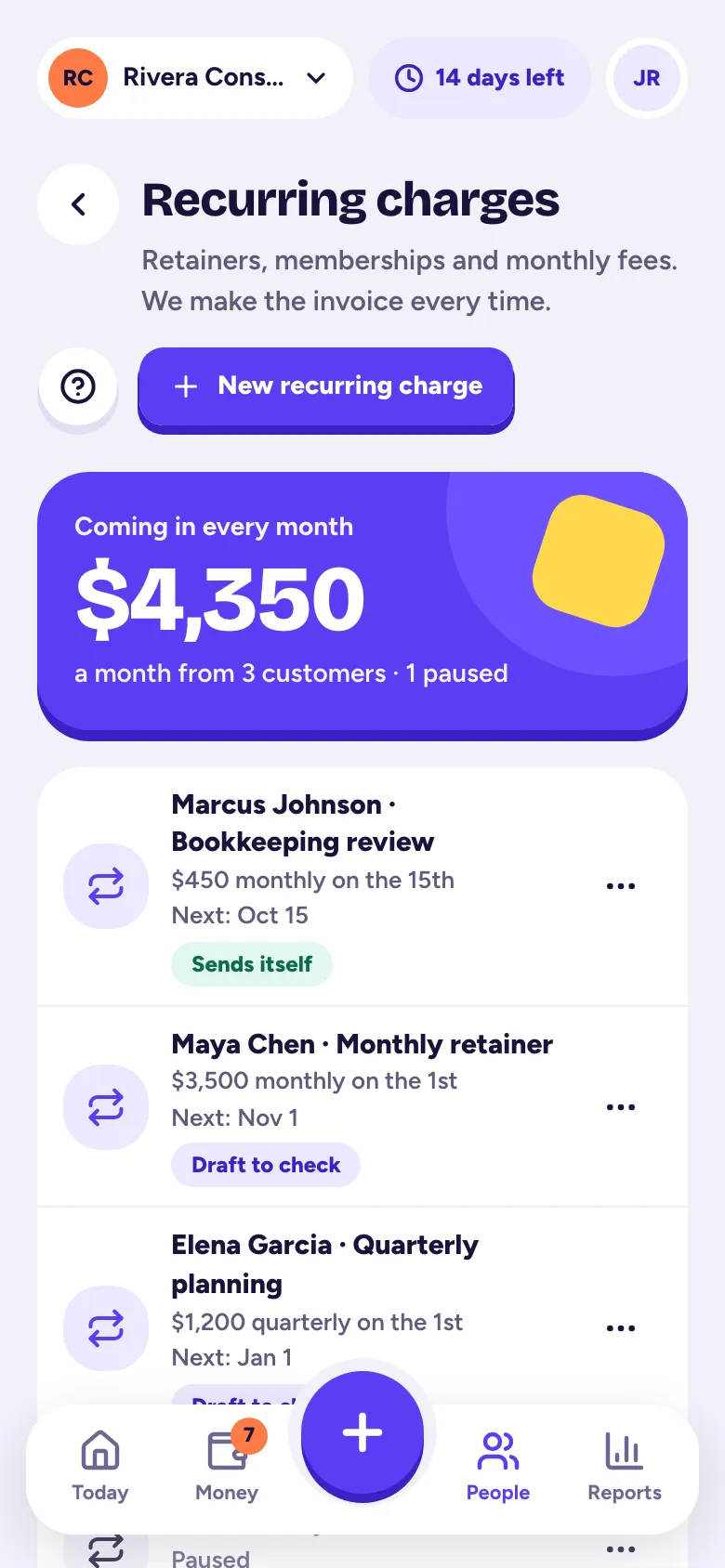 Recurring charges with what's coming in every month