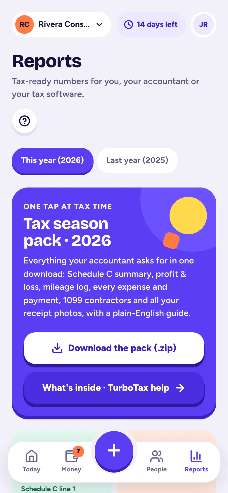 Reports, with the tax pack card and the year's numbers