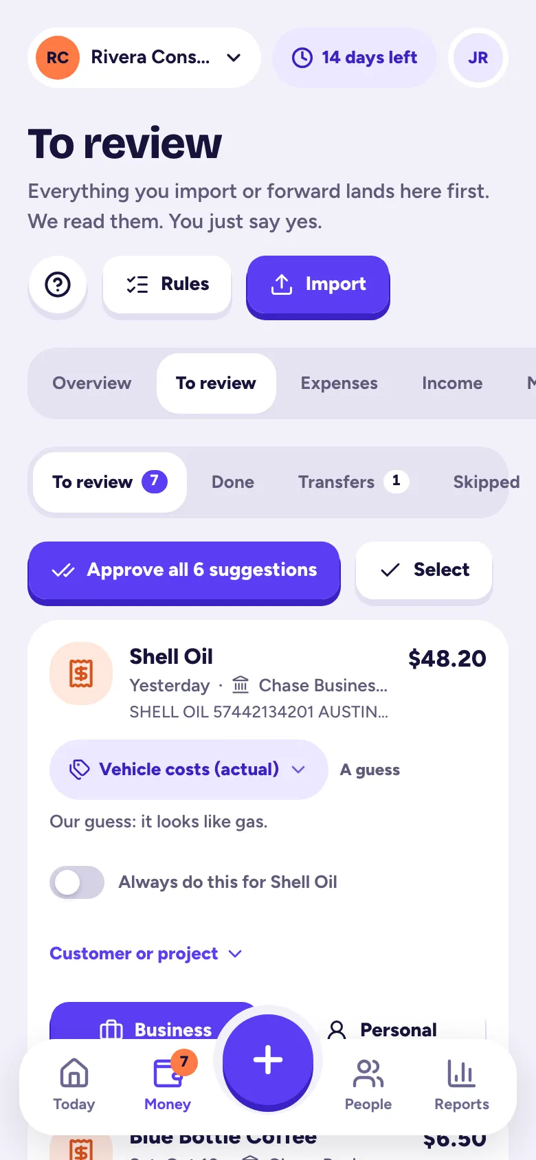 To review with Business and Personal on each transaction