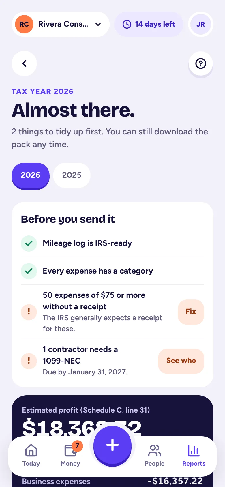 The Tax season pack: what's left to fix, your numbers and the Download tax pack button