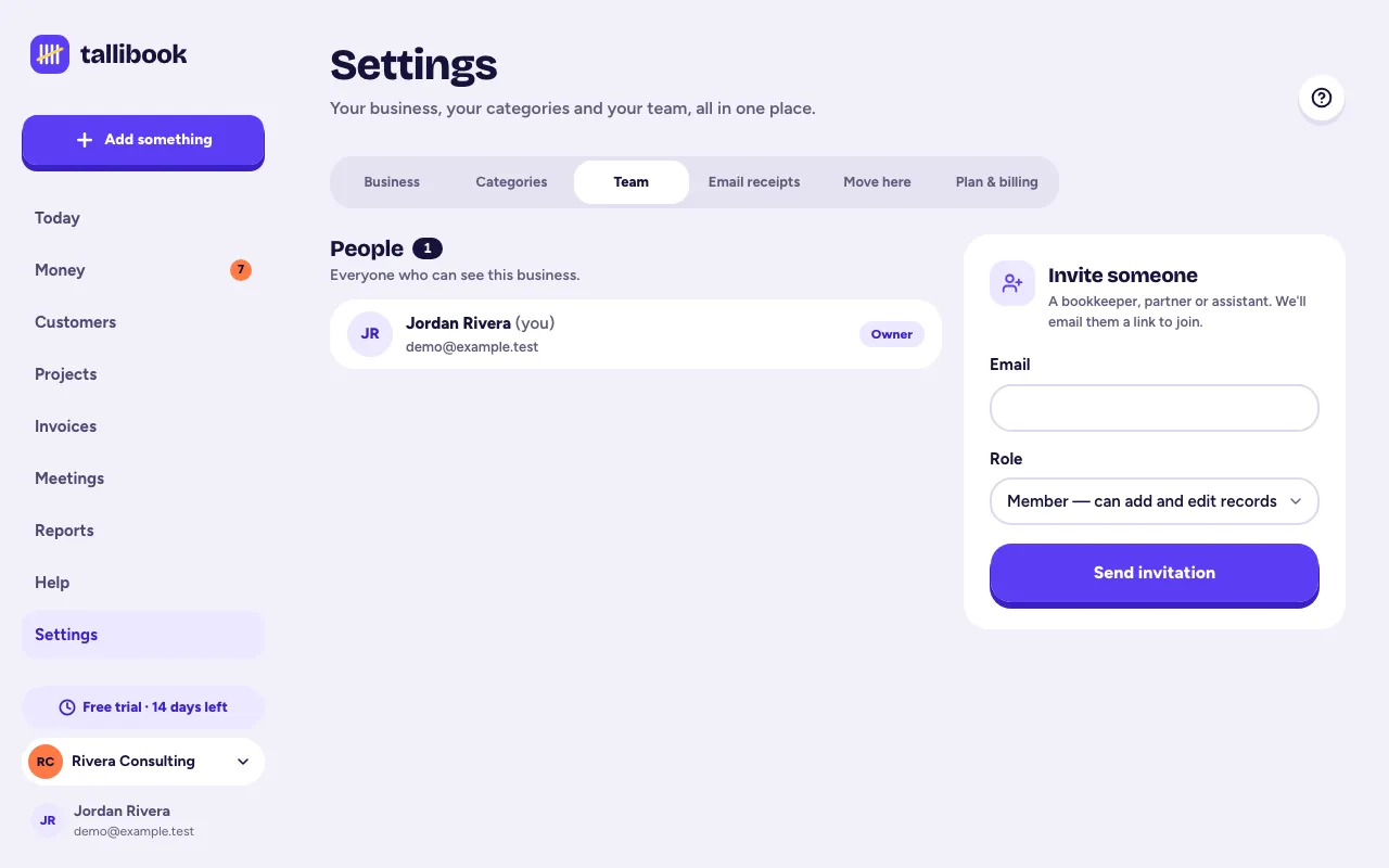 Settings, Team, with the people in the business and the invite form