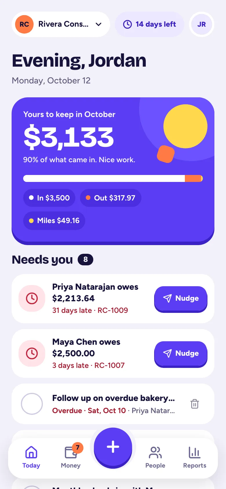 The Today screen on a phone, with this month's money in, money out and miles