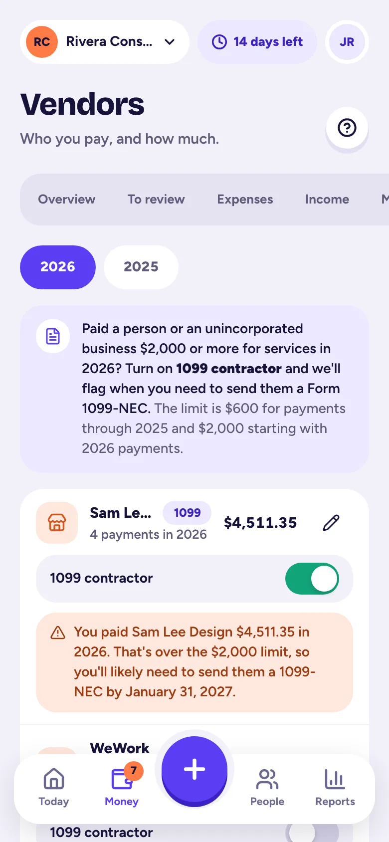 Money, Vendors, with the 1099 contractor switch on each vendor